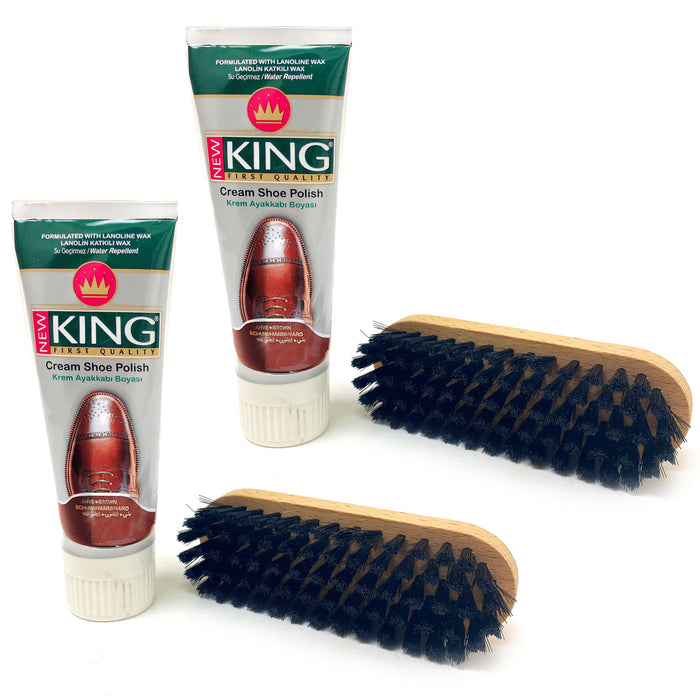 2 Sets Shoe Shine Boot Polish Kit Wooden Brush Leather Cream 75mL Finish Brown