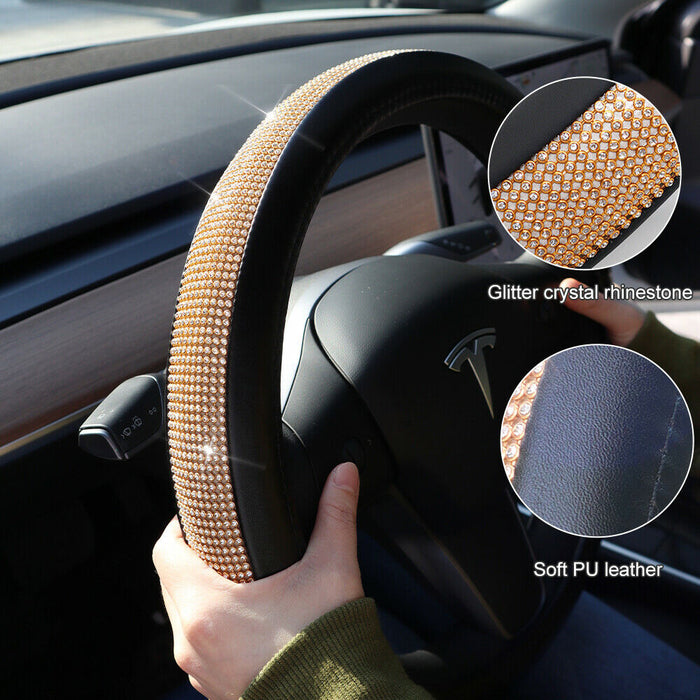 Bling Steering Wheel Cover Gold Crystal Diamond Leather Car SUV Wheel Protector