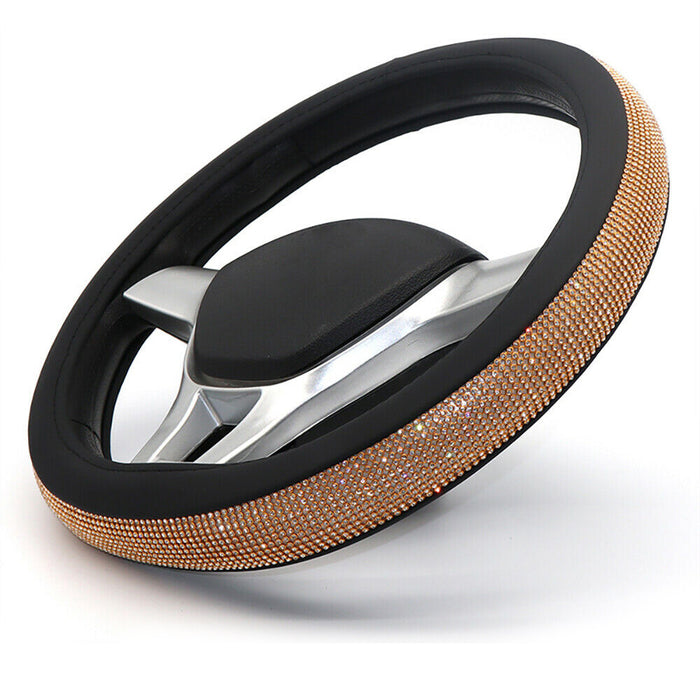 Bling Steering Wheel Cover Gold Crystal Diamond Leather Car SUV Wheel Protector