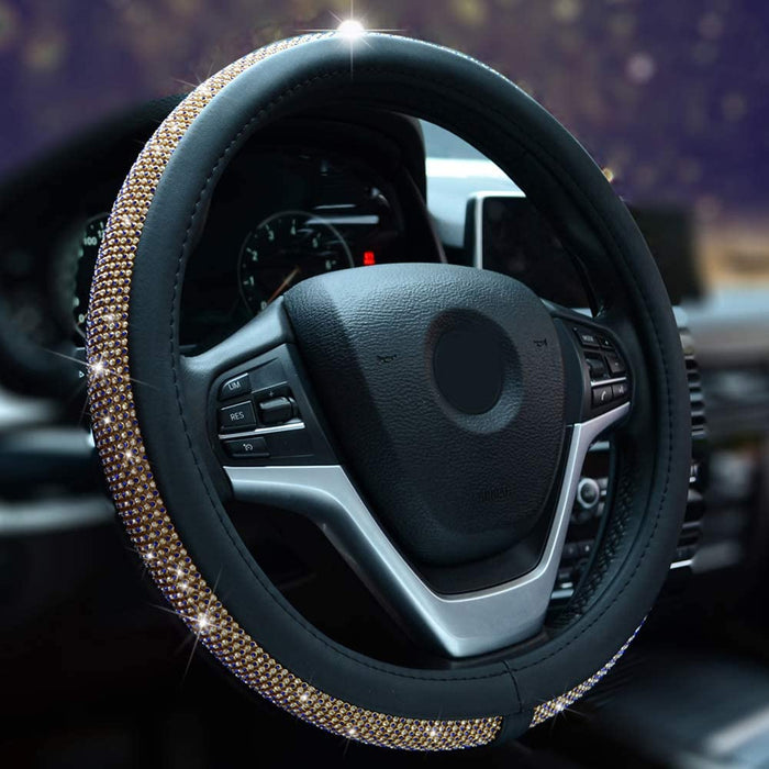 Bling Steering Wheel Cover Gold Crystal Diamond Leather Car SUV Wheel Protector