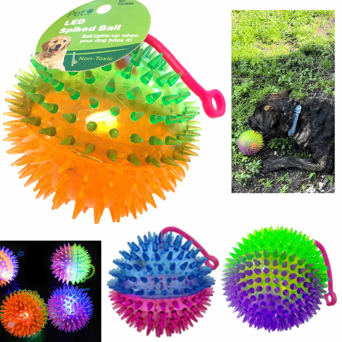 2 Pc Spike Balls Flashing LED Light Up Squeak Bounce Pets Dog Cat Puppy Toy 5"