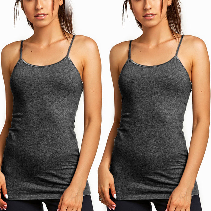 2 Pc Womens Basic Tank Top Stretch Camisole Spaghetti Strap Long Plain Cami Grey