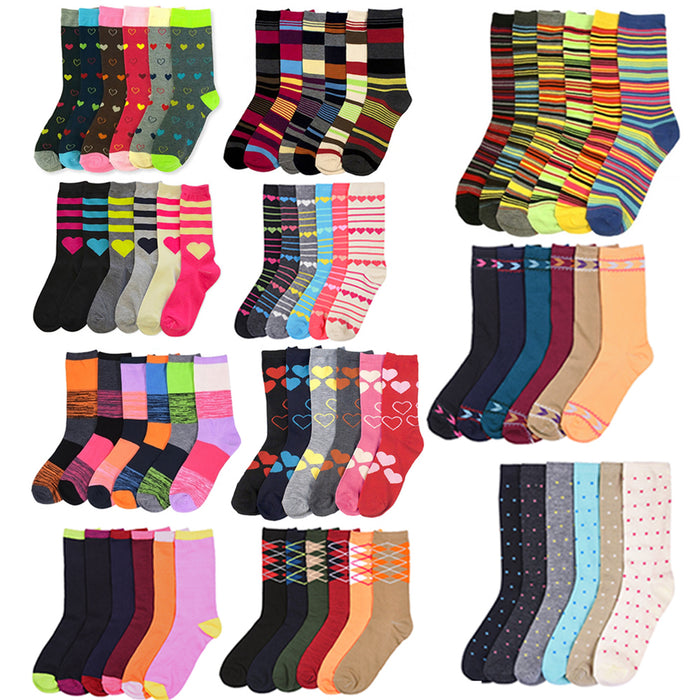 6 Pairs Women Crew Socks Size 9-11 Fashion Assorted Styles Heart Stripe Unisex