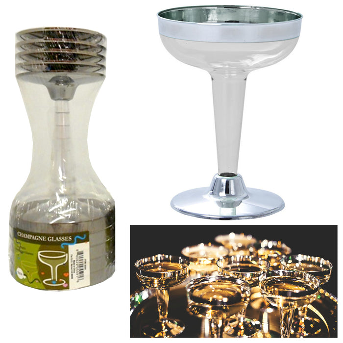 10 Plastic Champagne Wine Flutes Disposable Glasses 4.5oz Wedding Party Silver