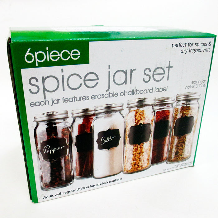 Set Of 6 Glass Spice Jars Chalkboard Storage Caps 3.7 Oz Clear Container Kitchen