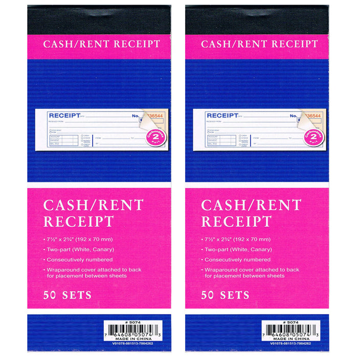 2 Cash Rent CARBONLESS Receipt Book 2 Part 50 Set Money Record Booklet Duplicate
