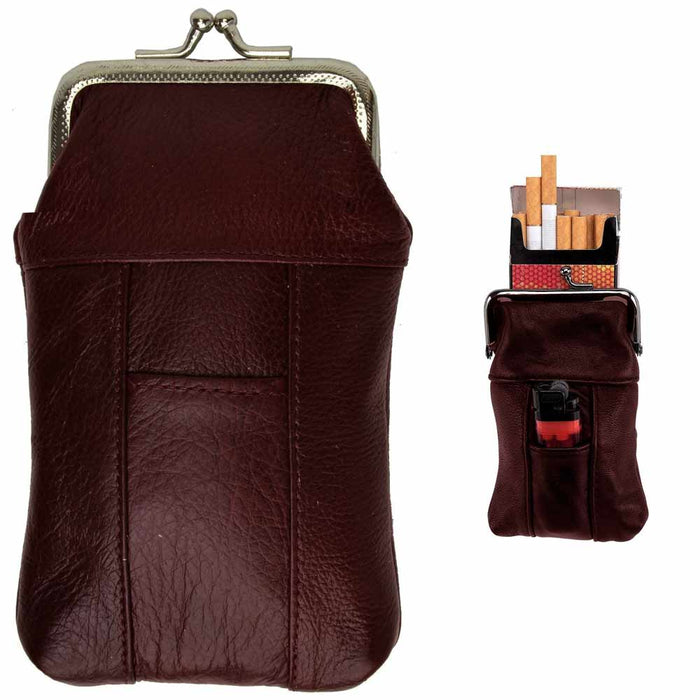1 Burgundy Genuine Leather Cigarettes Case Clip Pouch Carrier Lighter Pocket