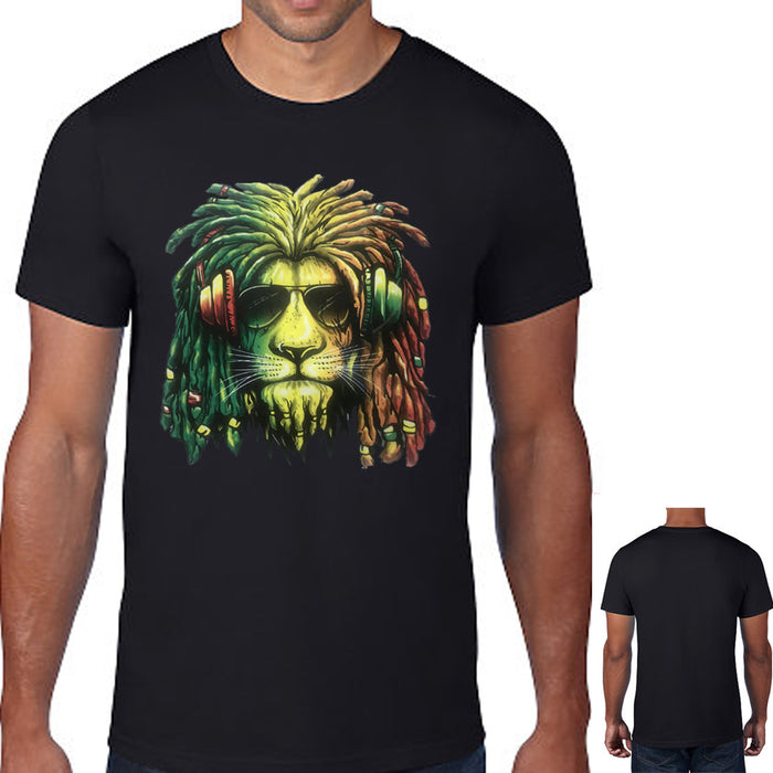 Rasta Lion Headphones T-shirt Jamaican Reagge Rastafari Animal Music Shirt Bk 2X