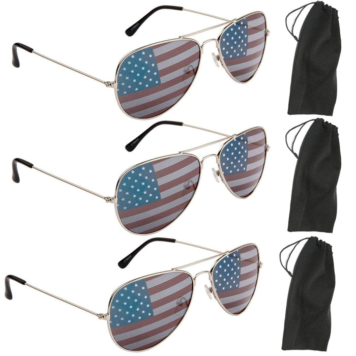3 PC US Pilot USA American Flag Sunglasses United States Stars Patriotic Pouch