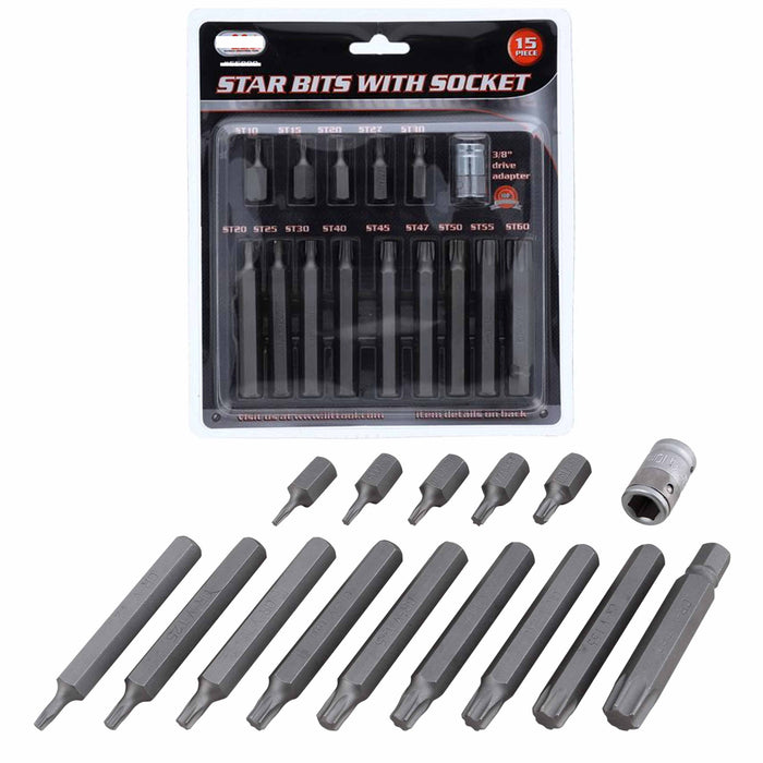 15 Pc 6-Point Security Star Bit Socket Set Torx Star Tamper Proof Bits w/ Holder