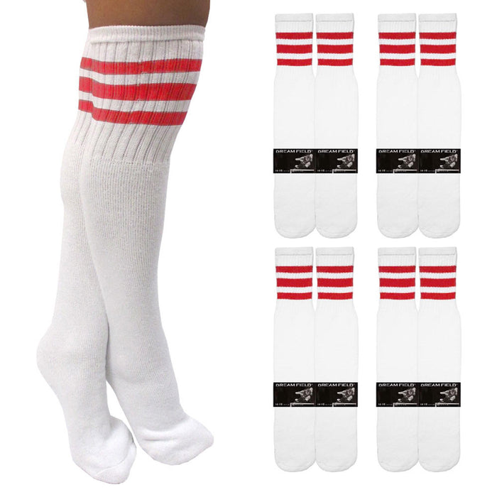 4 Pairs Knee High White Tube Socks Long Athletic Cotton Red Stripes Sports 10-15
