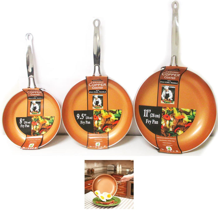 3 Ceramic Copper Coated Non Stick Fry Pan Set Eco PFOA free Cookware 8" 9.5" 11"