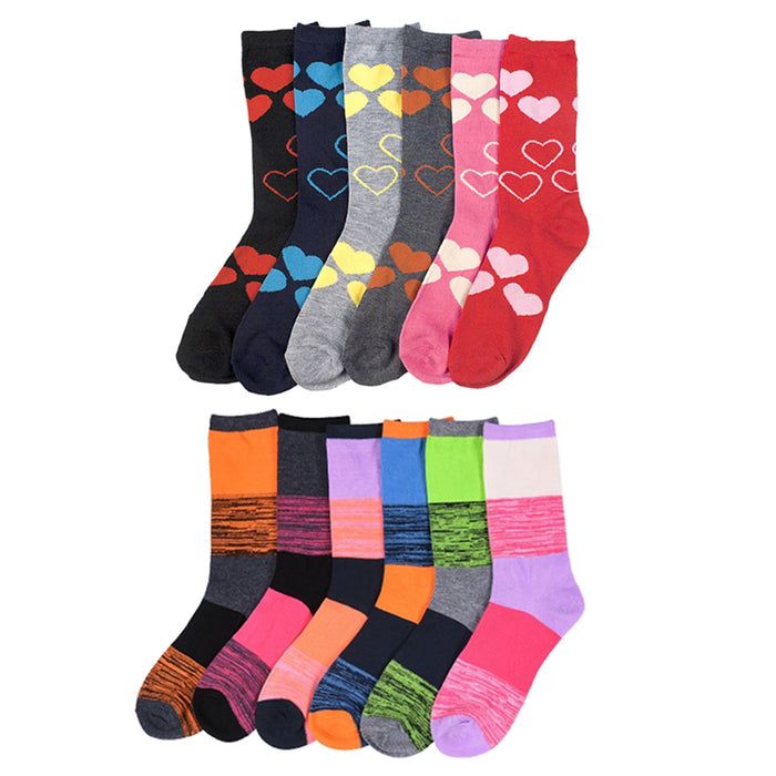 12 Pairs Womens Fashion Crew Socks Pattern Stripes Hearts Casual 9-11 Unisex New