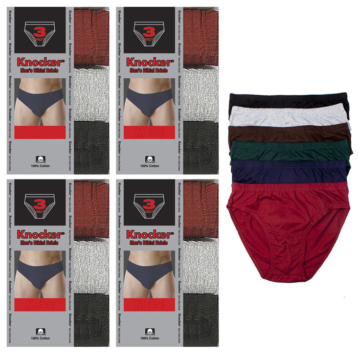 12 PCS Mens Underwear 100% Cotton Bikinis Briefs Size Small 28-30 Lined Knocker