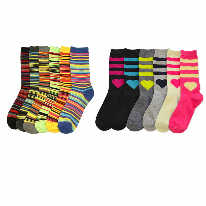 6 Pairs Womens Fashion Crew Socks Pattern Stripes Hearts Casual Size 9-11 Unisex