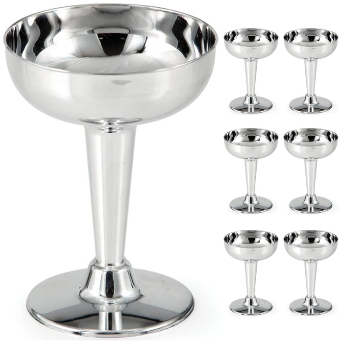 6 Pc Disposable Champagne Coupe Glasses Silver Plastic Flute 4oz Wedding Party