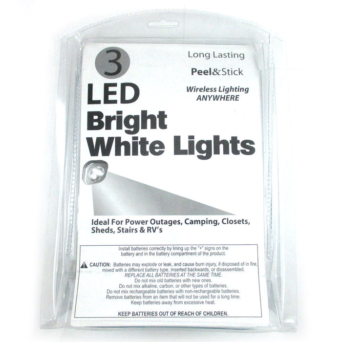 3 Pc LED Bright White Push Touch Lights Peel Stick Long Lasting Camping Closets