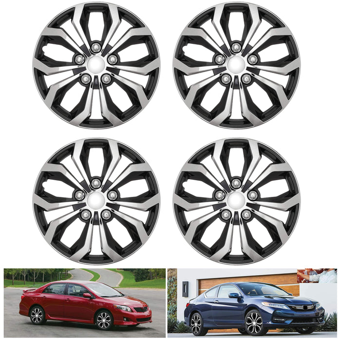 4 Pc Wheel Cover Set Car Rims Hub Caps Silver Black Cap Covers Rustproof ABS 16"