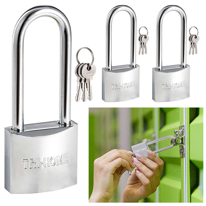 3 Pack Long Shackle Metal Padlocks Heavy Duty 1.5" Brass Locks Keyed 3 Keys 40mm