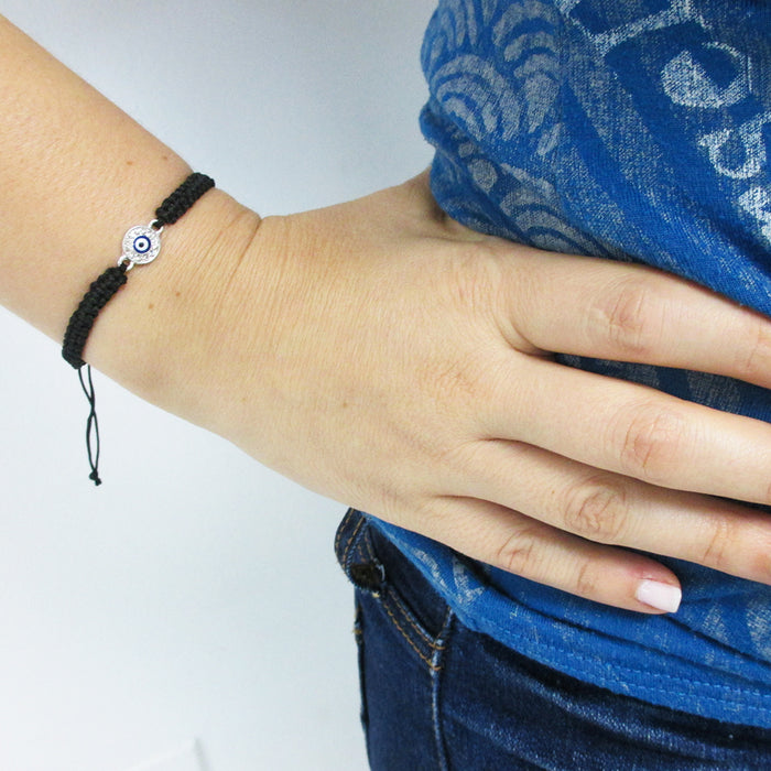 Black String Evil Eye Bracelet Protection Sterling Silver Safe Wet Luck Charm