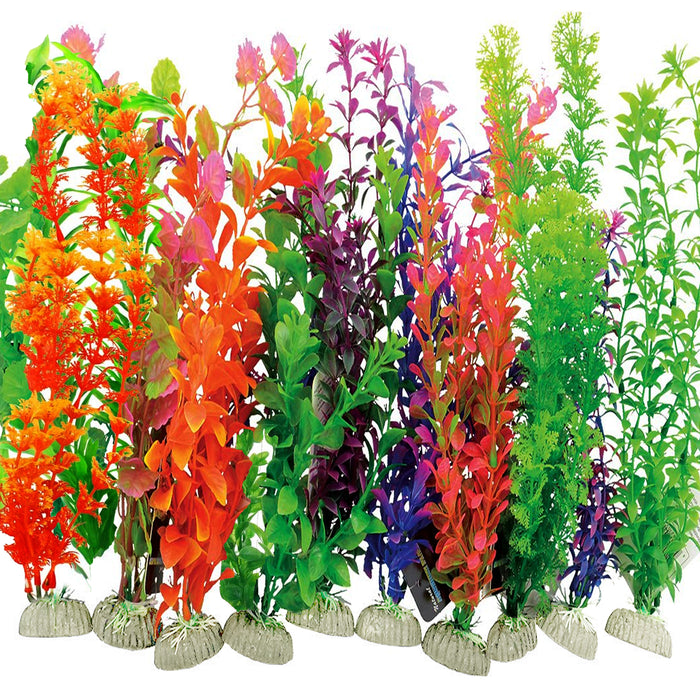12 Pc Aquarium Fish Tank Ornament Plastic Plants Lush Green 14-inch Tall Large