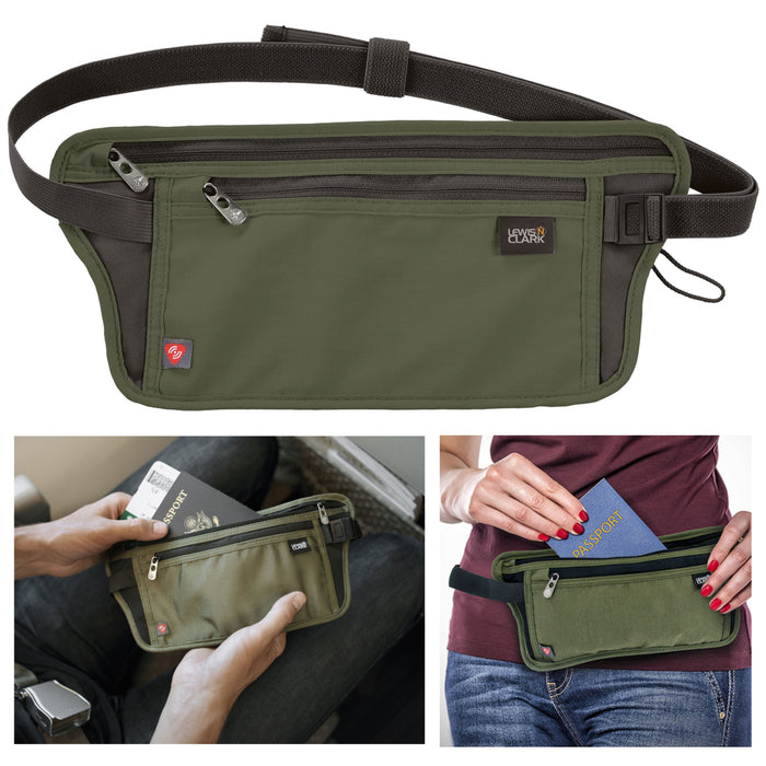 Lewis N Clark Waist Stash Fanny Pack RFID Money Travel Zip Wallet Passport Olive
