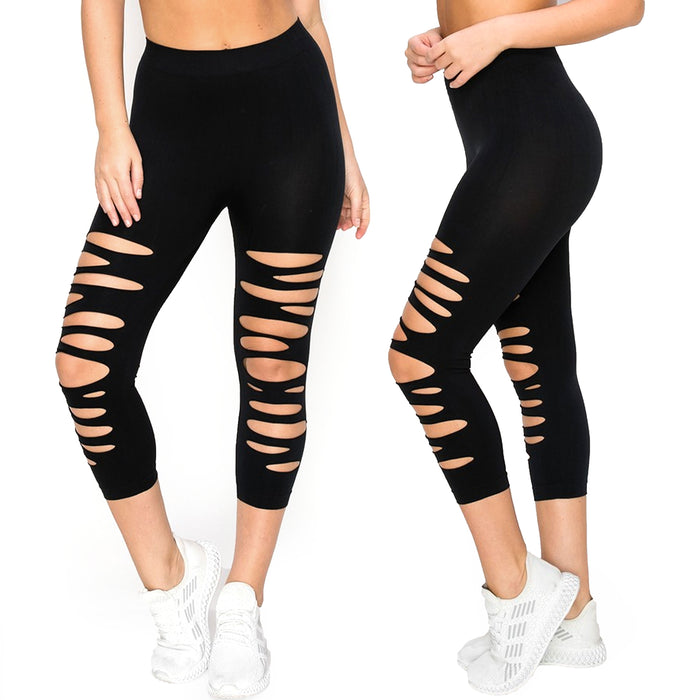 Women Seamless Capri Leggings Ripped Slit One Size Stretch Pant Basic Yoga Black