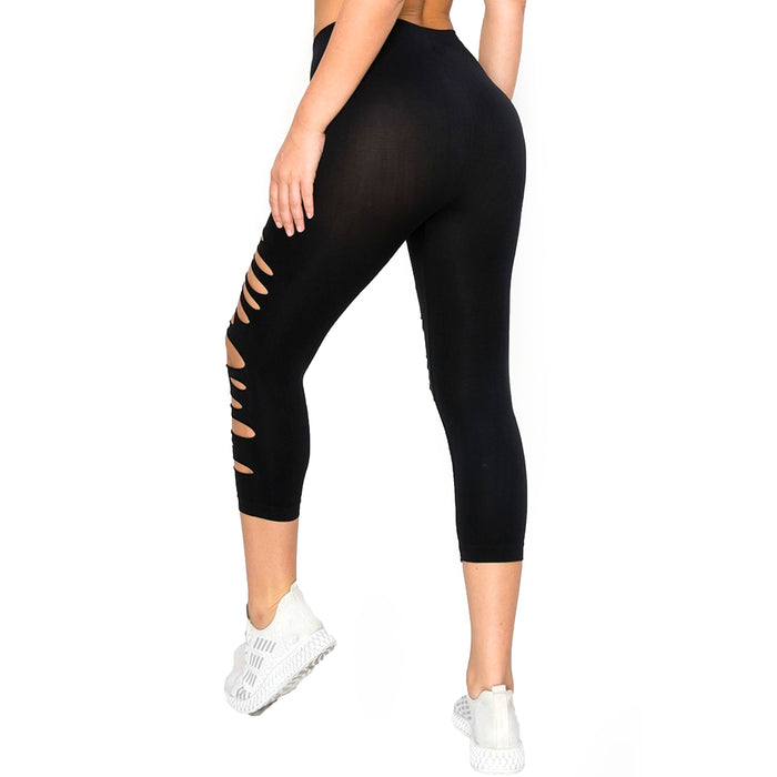 2 Pc Ladies Sexy Cut Out Capri Leggings Ripped Slit One Size Stretch Yoga Black