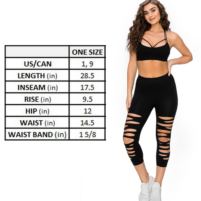 2 Pc Ladies Sexy Cut Out Capri Leggings Ripped Slit One Size Stretch Yoga Black