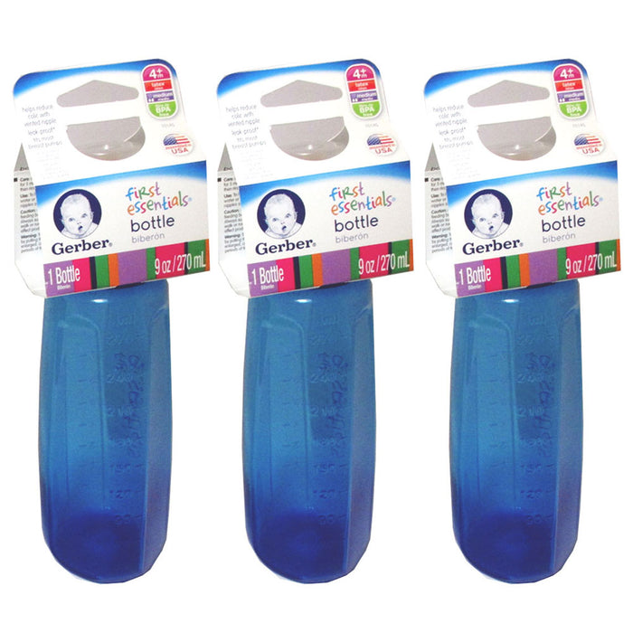 3 Gerber BPA Free Baby Bottles First Essentials 9 Oz Leak Proof Baby Blue Feeder