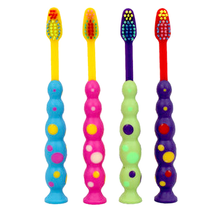 4 X Ball Polka Dot Toothbrush Set Suction Cup Stand Soft Bristles Kids Oral Care