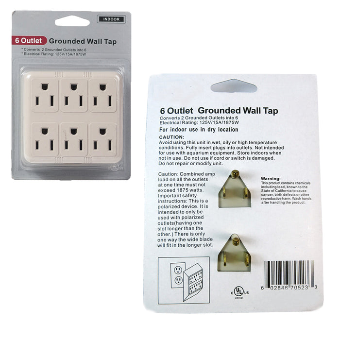 2Pc Grounded Wall Outlet Tap AC 125V Power Adapter Electrical 6 Way Plug Charger