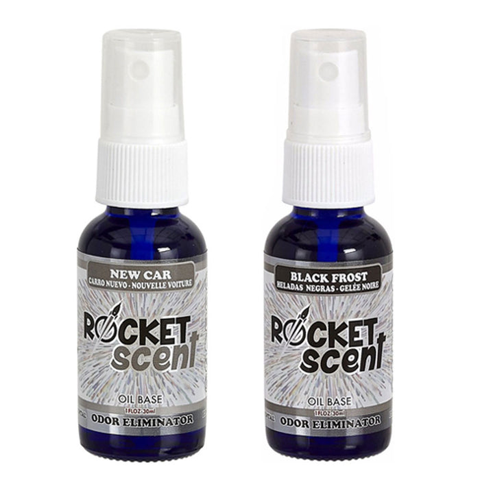 2 Rocket Scents New Car and Black Frost Spray Concentrated Home Room Odor Eliminator