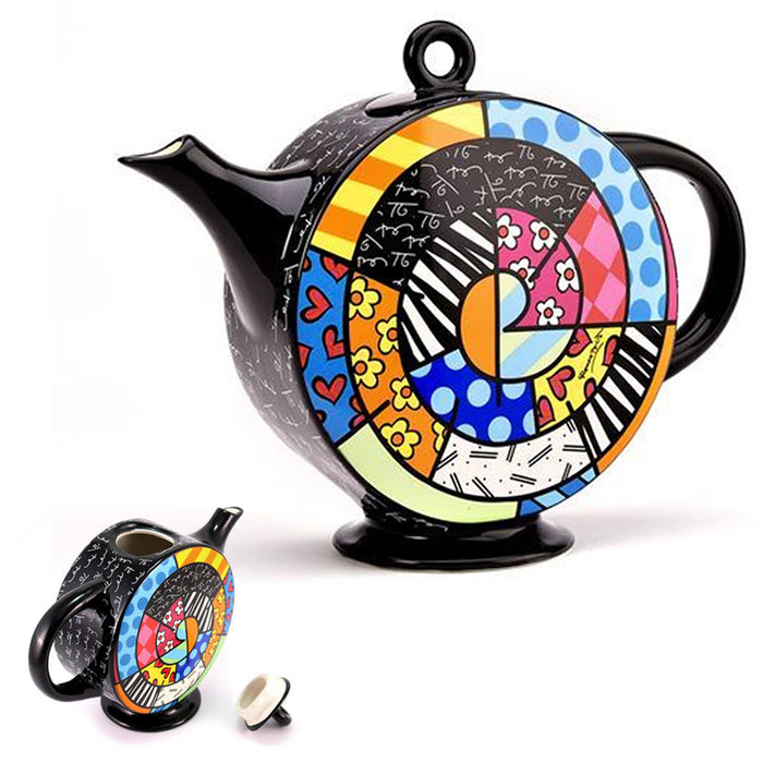 Romero Britto Teapot Spiral Ceramic Tea Kettle Pot Hot Water Filter Infuser 60Oz