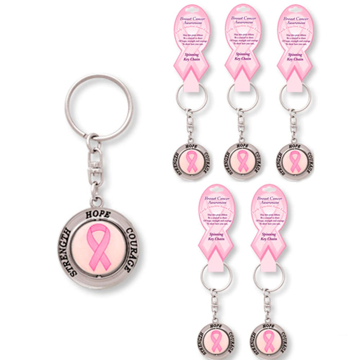 6 Breast Cancer Awareness Keychain Spinning Find The Cure Women Pink Ribbon New