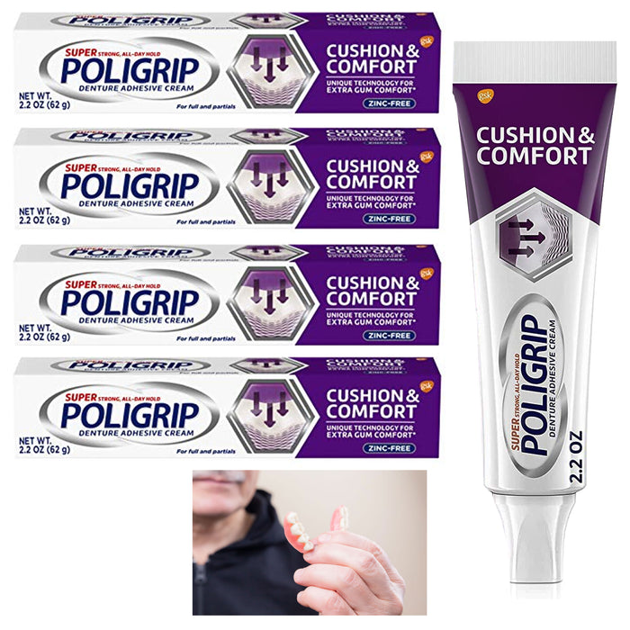 4 Pk Super Poligrip Cushion Gum Comfort Adhesive Cream Denture Retention 2.2 Oz