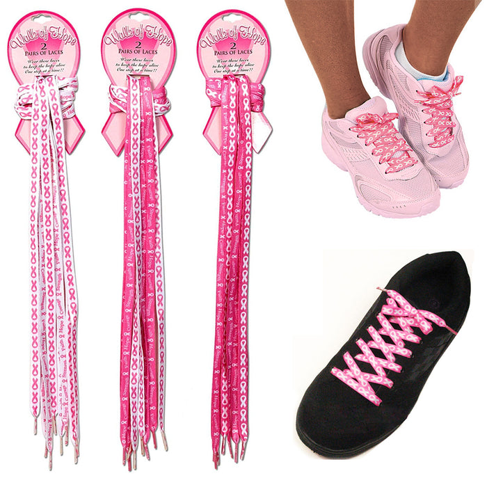 4 Pair Breast Cancer Awareness Shoe Laces Strings Pink Ribbon Hope Walk Shoelace