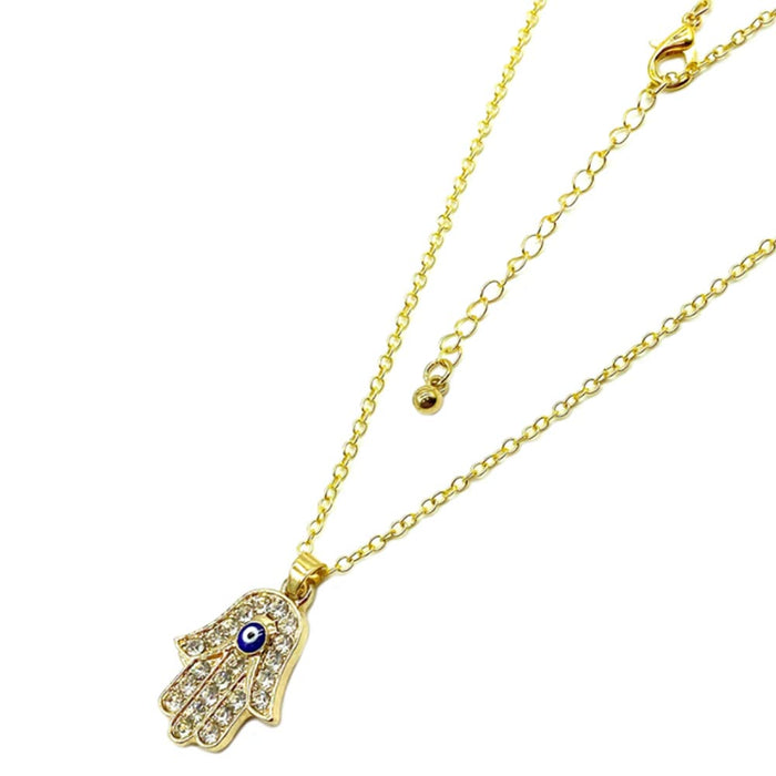 Dainty Fatima Hand Necklace Hamsa Gold Plated Crystals Evil Eye Lucky Cute Charm