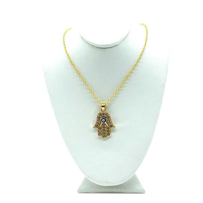 Dainty Fatima Hand Necklace Hamsa Gold Plated Crystals Evil Eye Lucky Cute Charm
