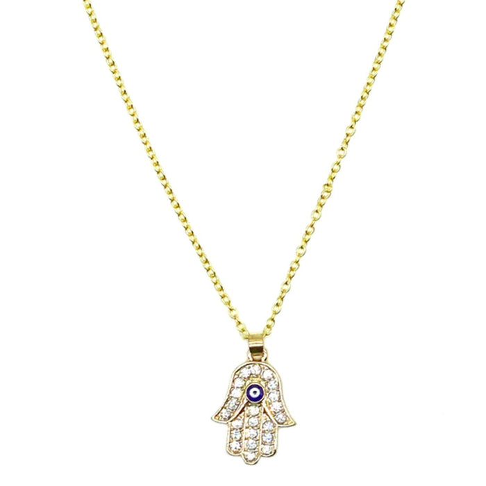 Dainty Fatima Hand Necklace Hamsa Gold Plated Crystals Evil Eye Lucky Cute Charm