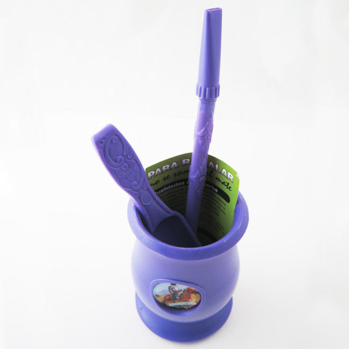 ARGENTINA MATE GOURD YERBA PLASTIC TEA CUP WITH STRAW BOMBILLA KIT GIFT 9334 PUR