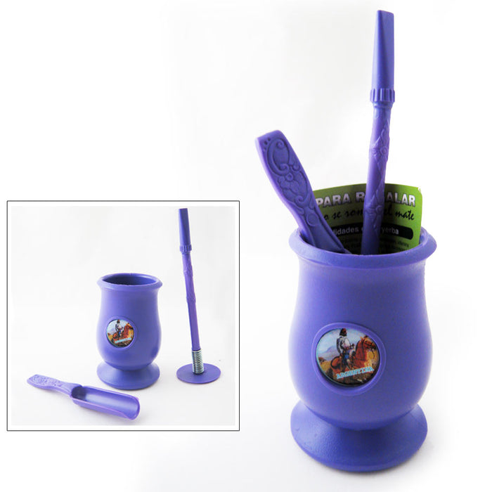 ARGENTINA MATE GOURD YERBA PLASTIC TEA CUP WITH STRAW BOMBILLA KIT GIFT 9334 PUR