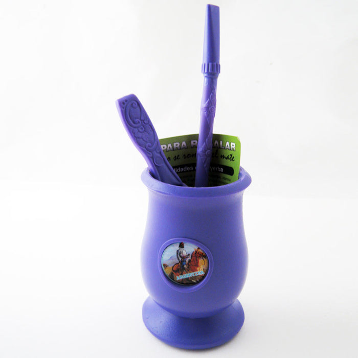 ARGENTINA MATE GOURD YERBA PLASTIC TEA CUP WITH STRAW BOMBILLA KIT GIFT 9334 PUR