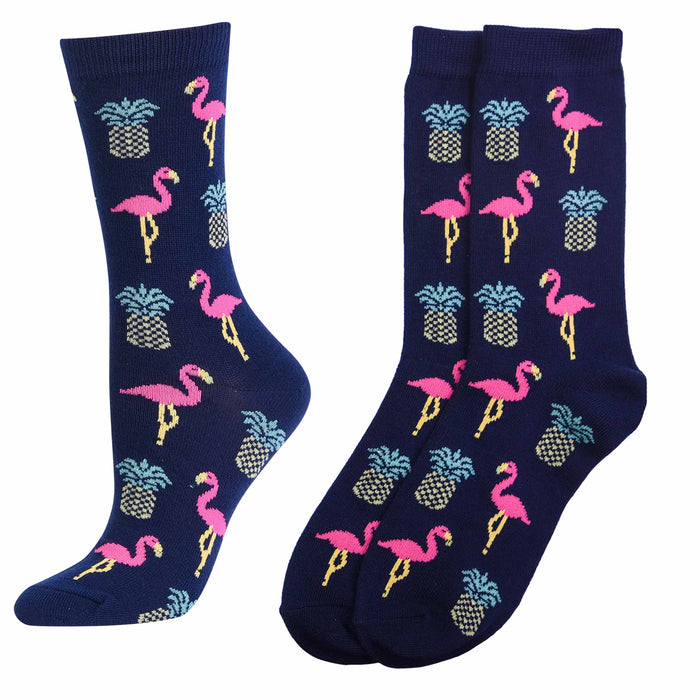 2 Pairs Women's Crew Socks Fashion Novelty Casual Flamingo Pineapple Size 9-11