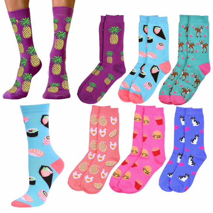 6 Pairs Women's Crew Socks Fashion Novelty Casual Food Animal Designs Size 9-11