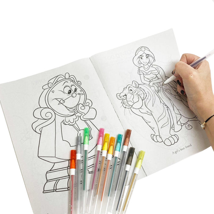 14 Pc Disney Princess Coloring Books Set Activity Pad Kids Drawing Glitter Pens