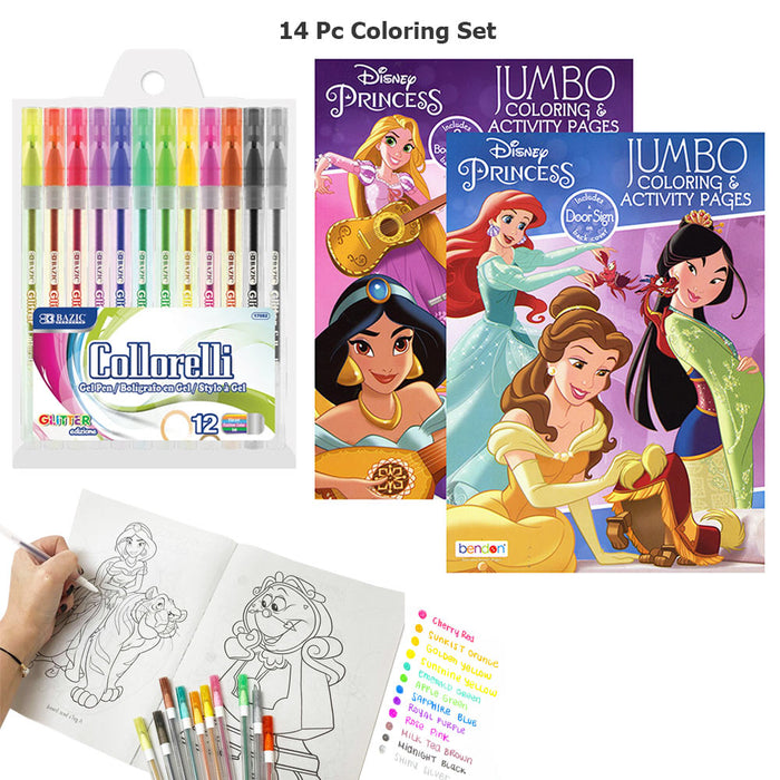 14 Pc Disney Princess Coloring Books Set Activity Pad Kids Drawing Glitter Pens