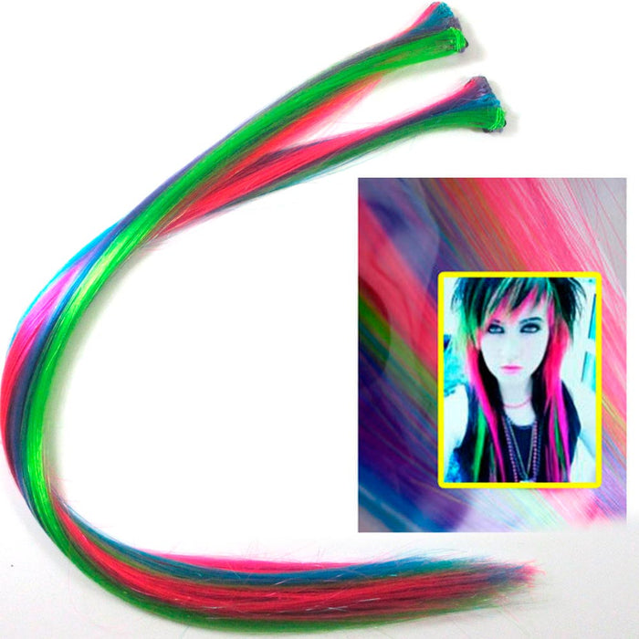 6Pc Hair Extension Clip In Comb 18" Rainbow Neon Highlight Colors Costume Party