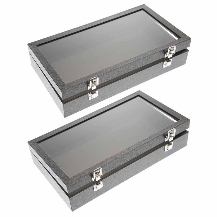 2 Jewelry Display Case Box Glass Top Black Gem Clear Lid Storage Gemstone Holder