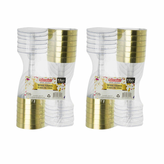 24 Pc Disposable Wine Glasses Elegant Plastic Champagne Flute Clear Gold Rim 5oz
